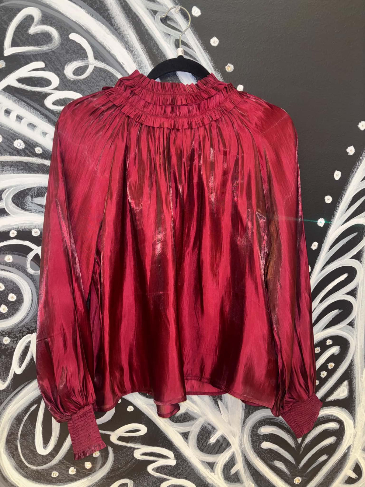 RED WOOD SMOCKED NECK SHIMMER LONG SLEEVE BLOUSE