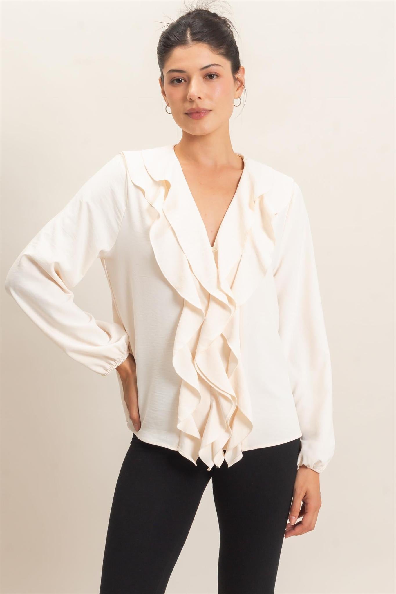 Alpaca Ruffled V-neck Button-up Blouse
