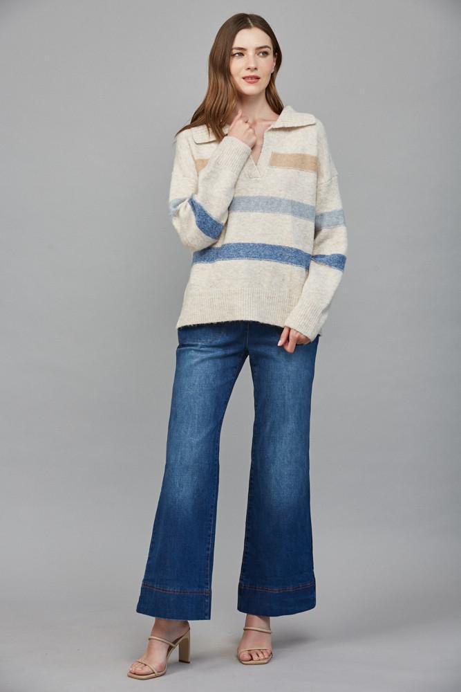 Ribbed Wide Collar With V-slit Striped Sweater