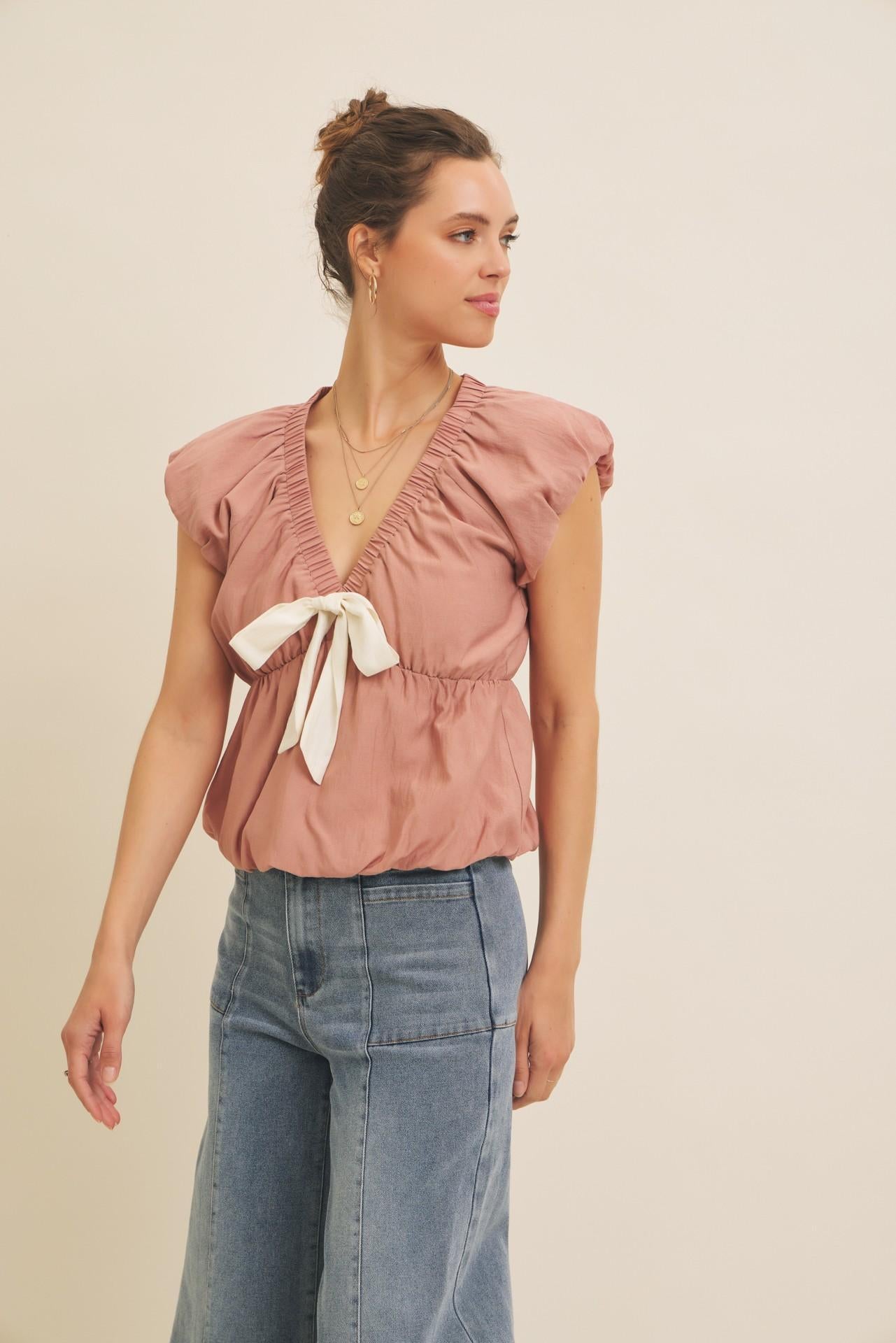 Mauve Bubble V-neck Blouse Top With Front Bow