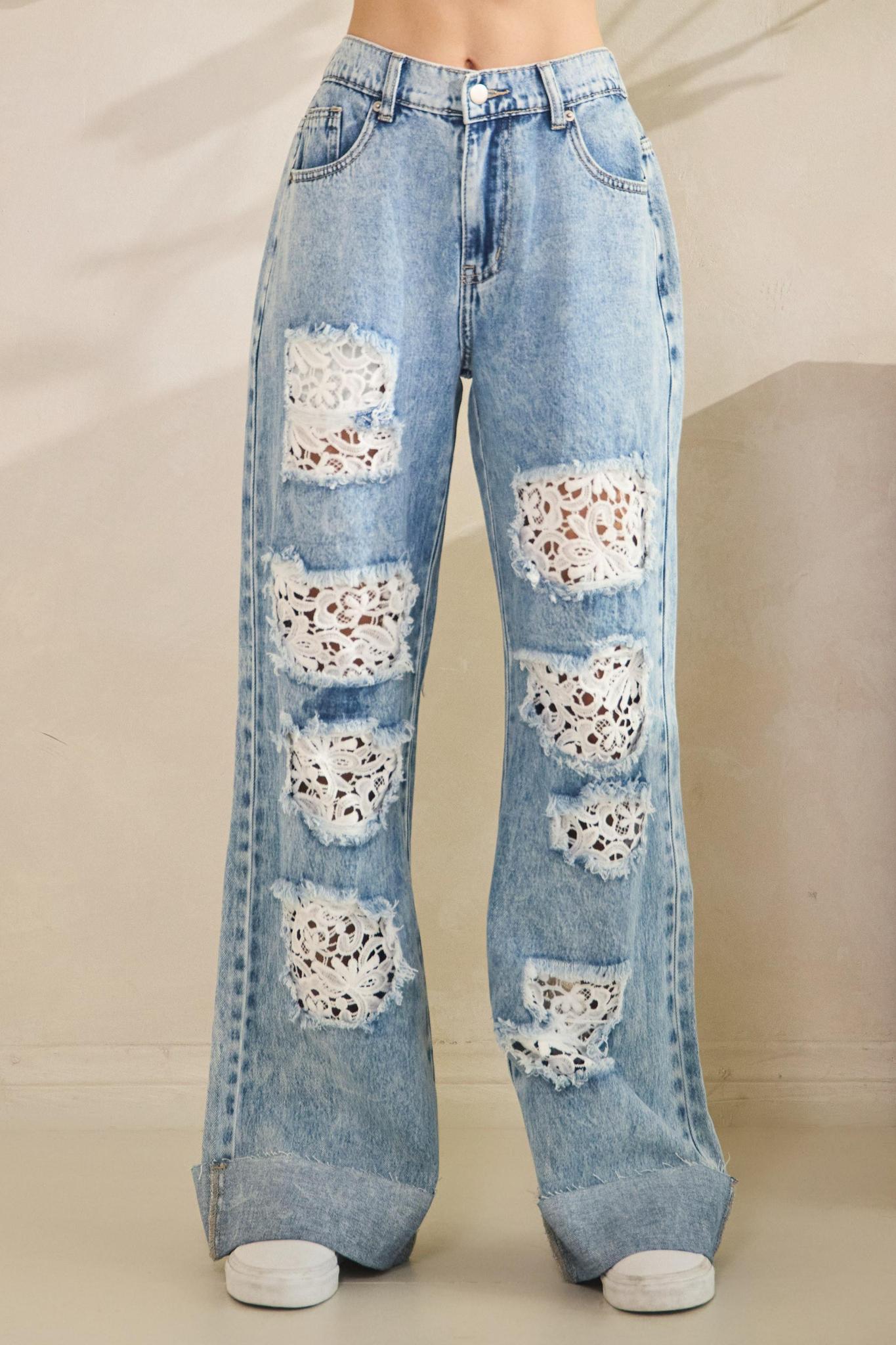 Washed Distressed Lace Insert Denim Jeans