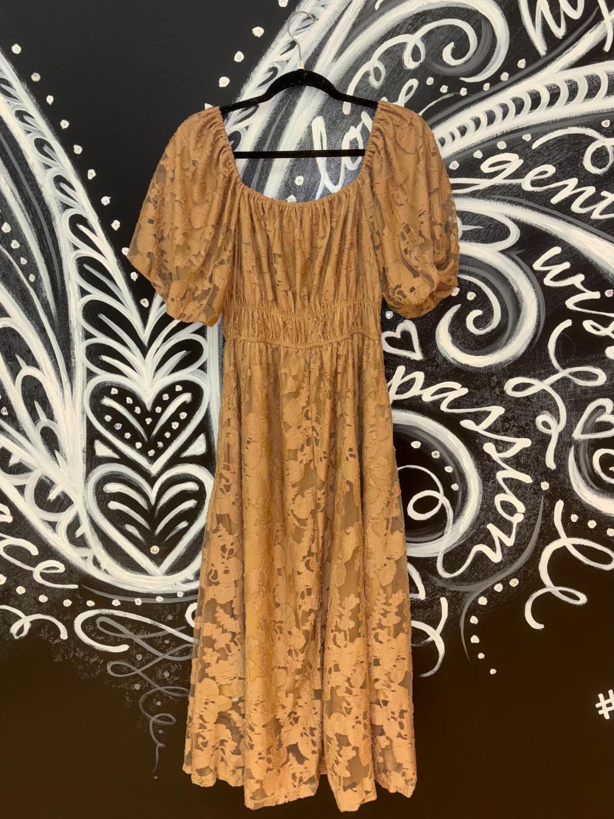 Mocha Lace Puff Sleeve Midi Dress