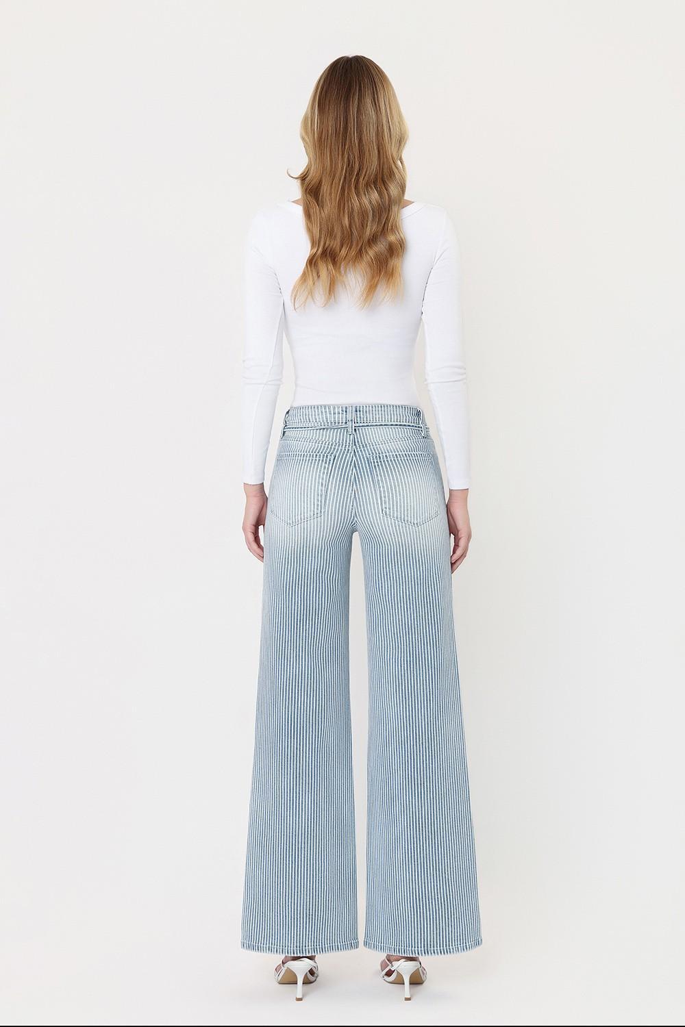 High Rise Waist Tie Striped Wide Leg Jeans