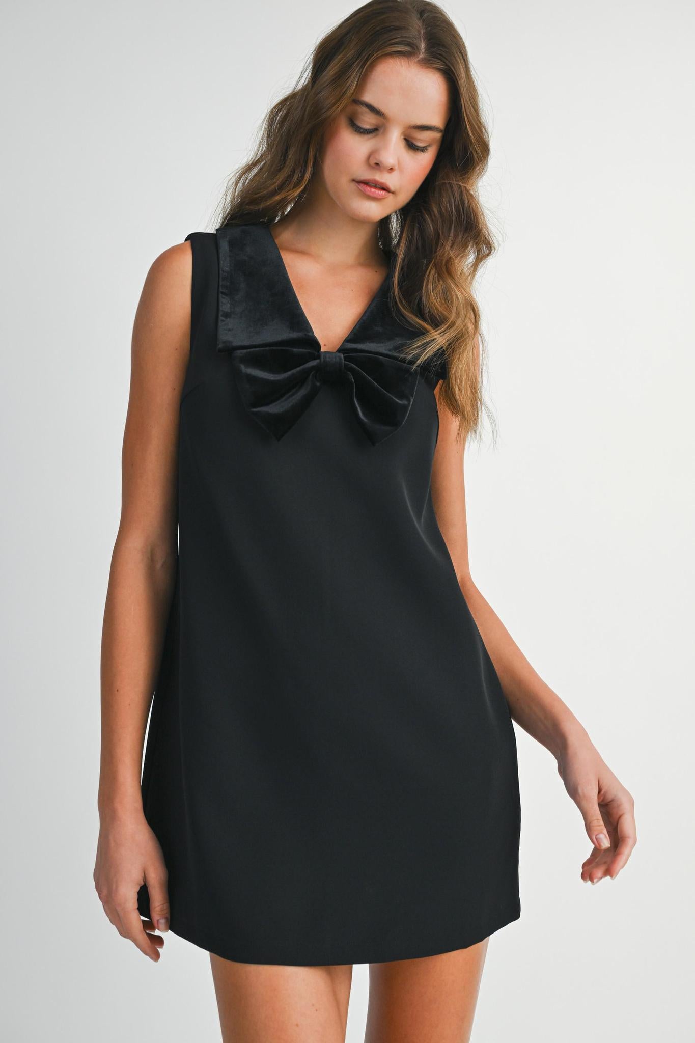 Solid Sleeveless Velvet Collar Bow Mini Dress