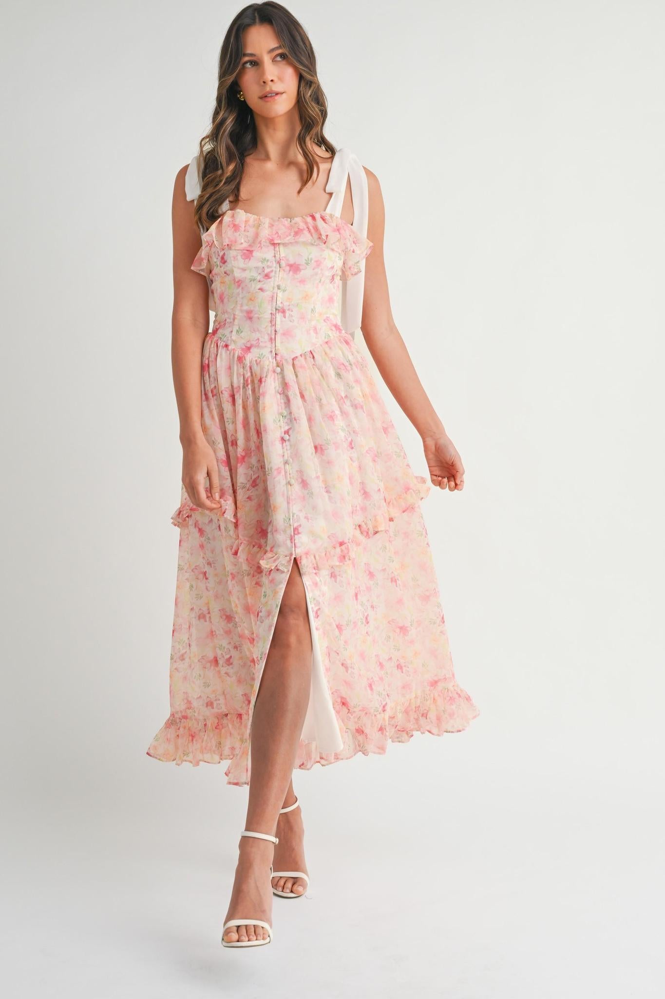 Pink Floral Printed Shoulder Strap Midi Dress