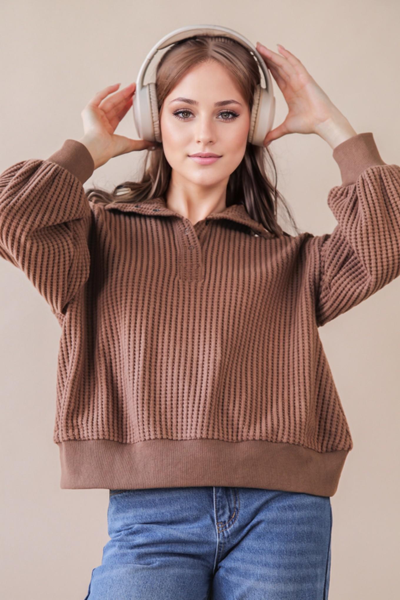 Oversized Half Button Waffle Knit Top