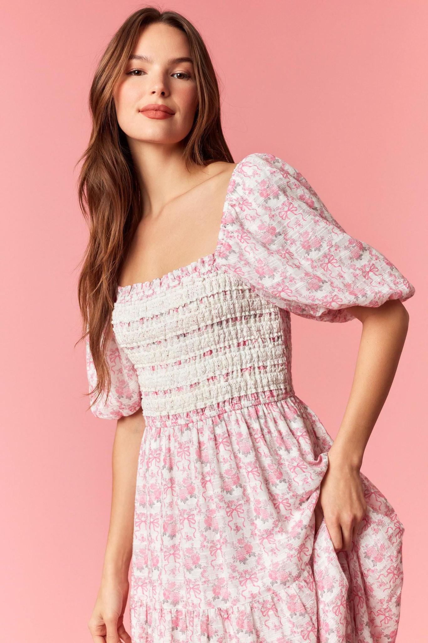 Smocked Lace Trim Printed Cotton Maxi Dress