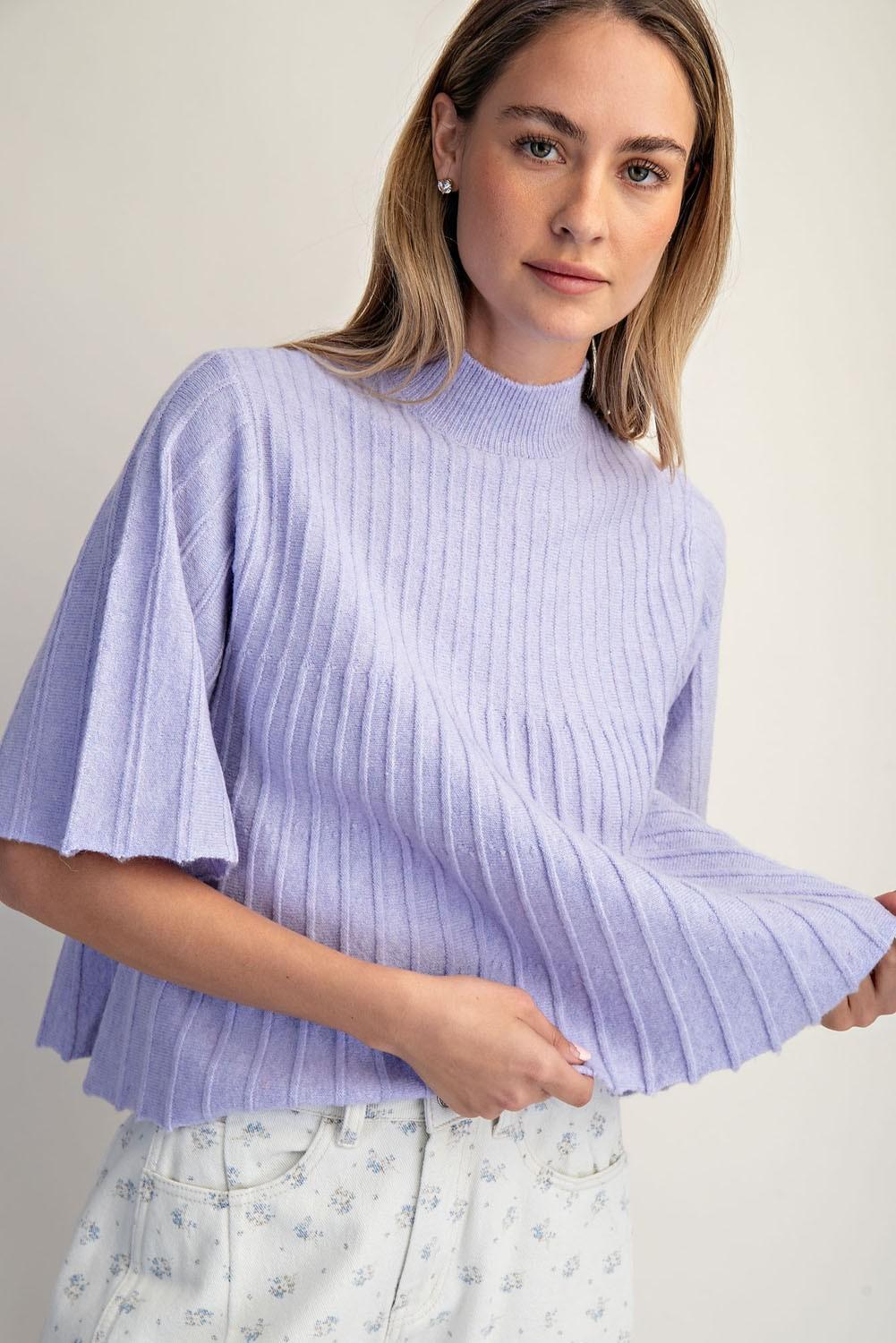 Short-Sleeve Mock-Neck Swing Sweater
