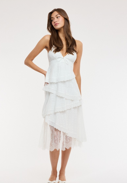 White Eyelet Asymmetric Layered Lace Midi Dress