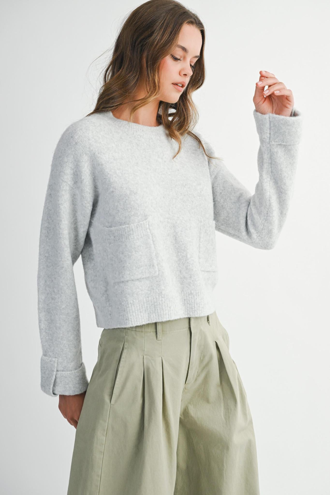 Grey Crew Neck Knit Sweater w/ Front Pockets