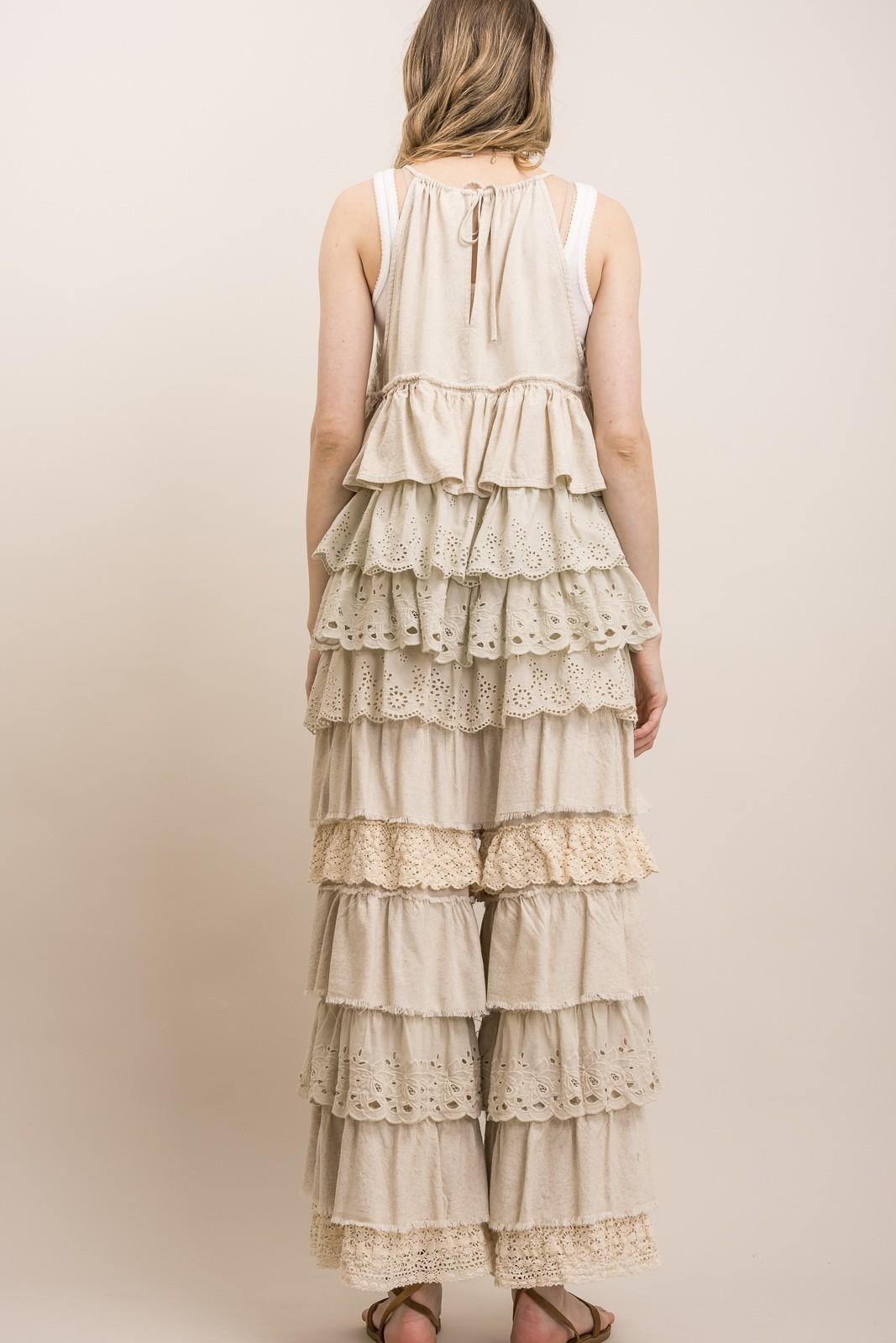 Taupe Lace Tiered Ruffle Tank Top