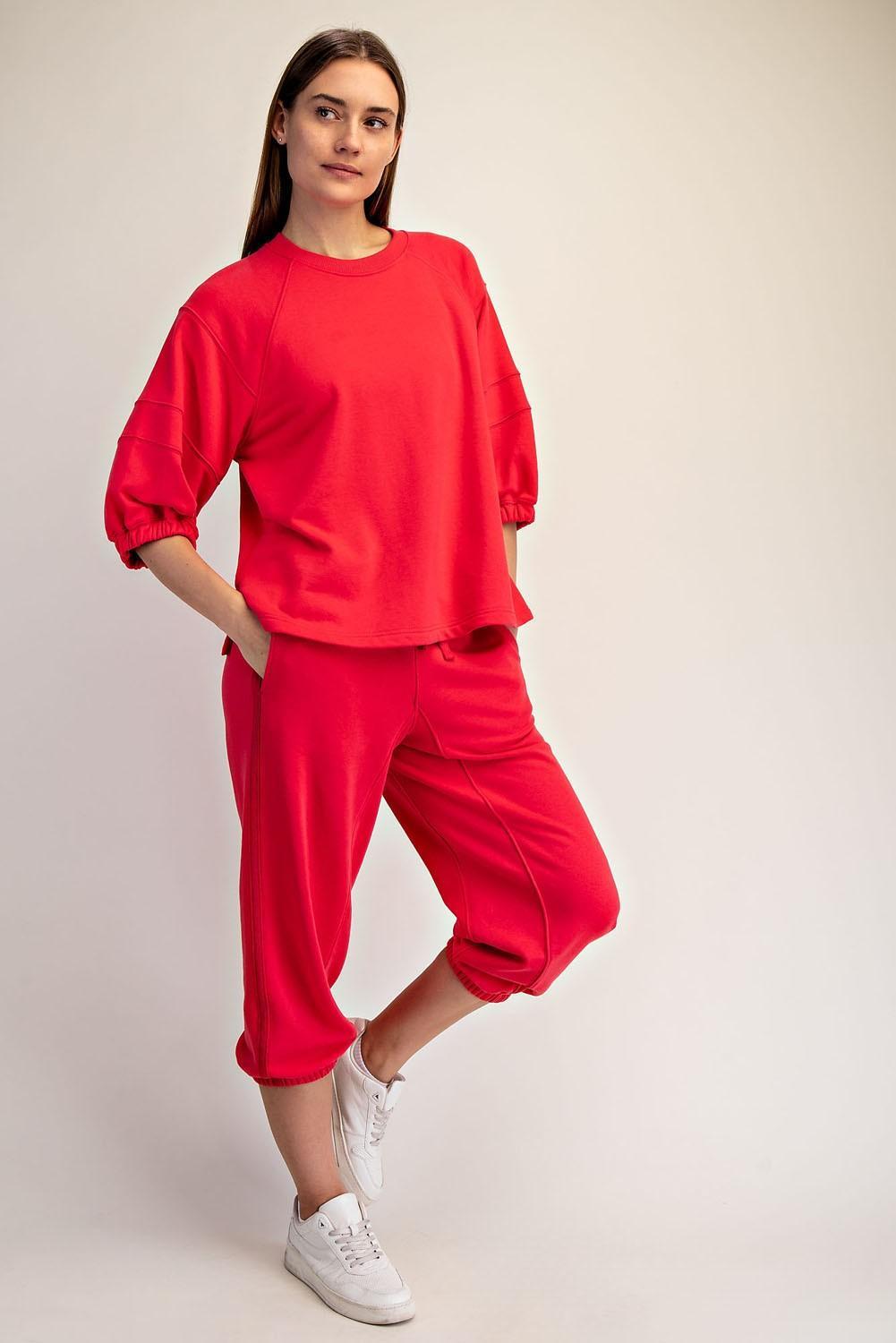 French Terry Bubbled Half Sleeve Top - Candy Red