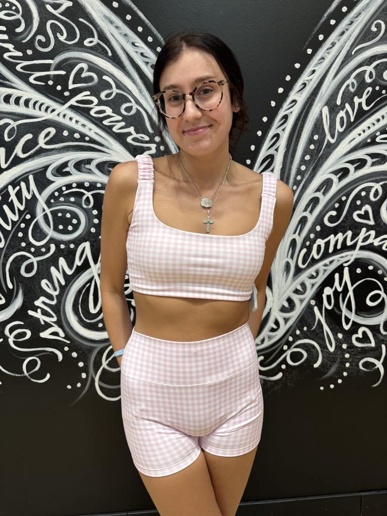 pink gingham print ruched bra top