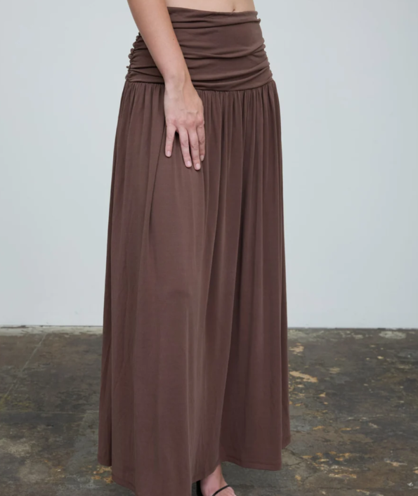 BROWN WIDE GATHERED WAISTBAND KNIT MAXI SKIRT