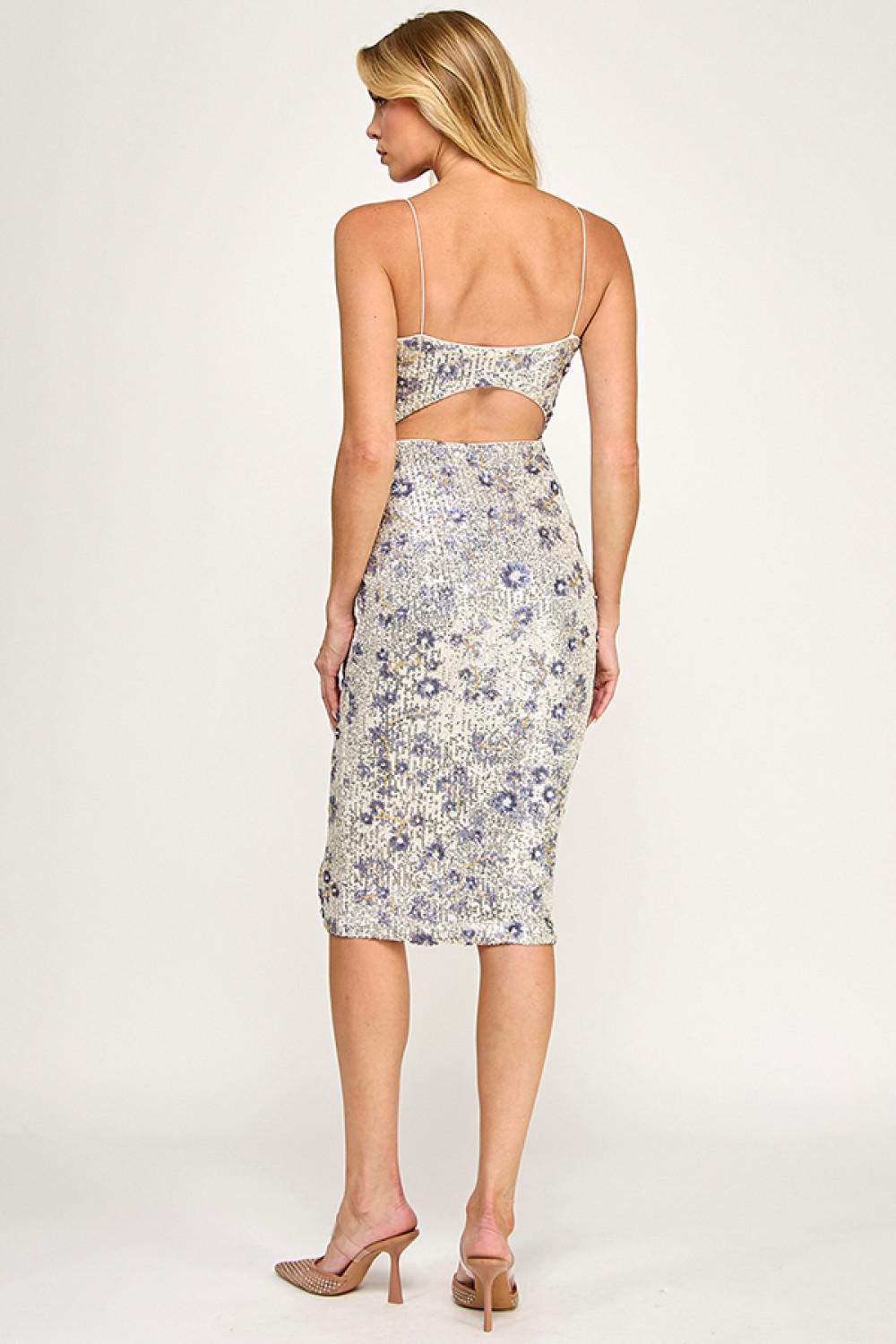 Stripe Slinky Beaded Flower Sequin Formal Dress