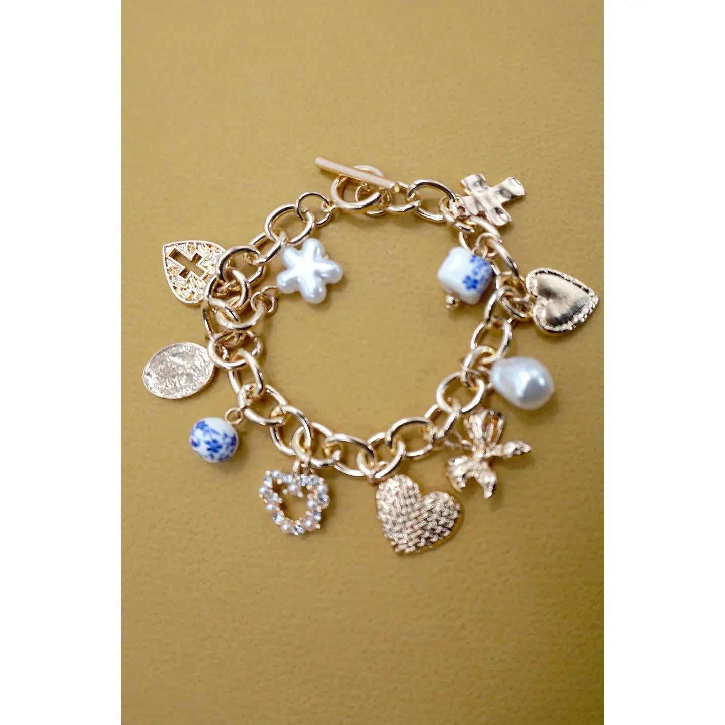 Ceramic Porcelain Heart Bow Pearl Charm Bracelet