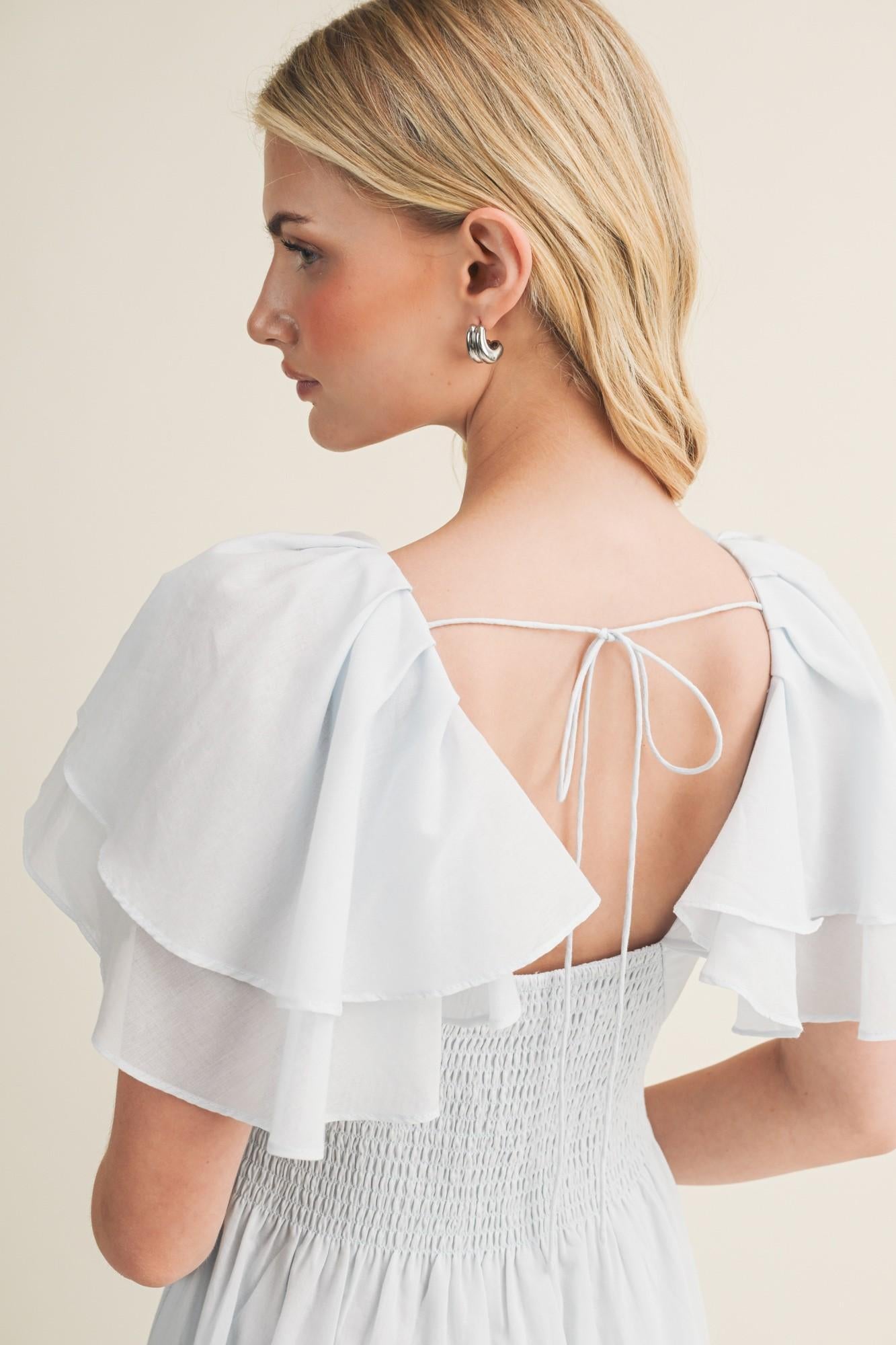 Mist Blue V-neck Ruffle-sleeve Midi Dress