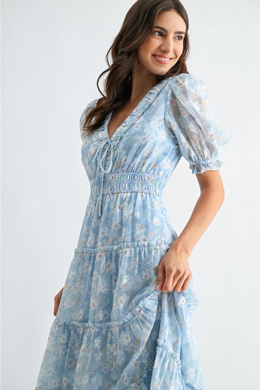Blue Floral Maxi Dress with Puff Sleeves