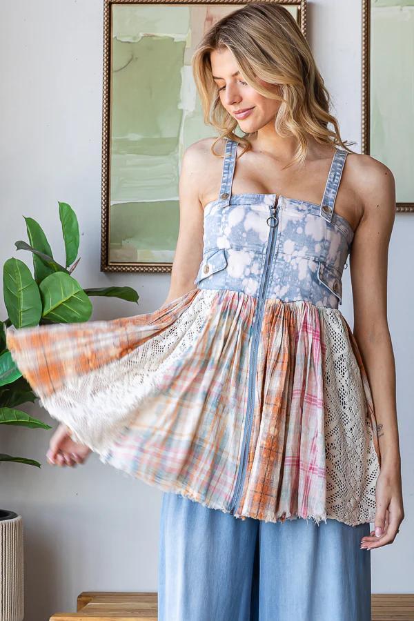 Washed Plaid Zip Front Denim Top