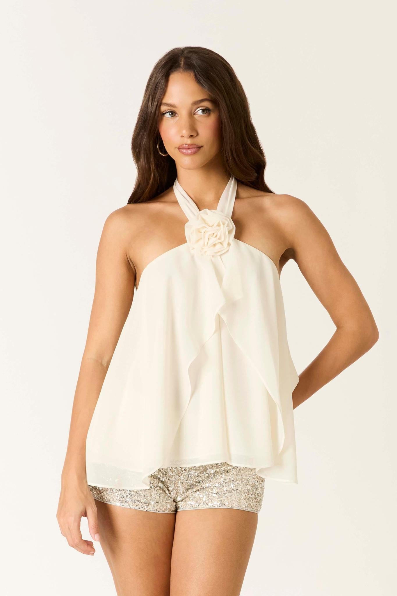 Halter Neck Top w/ Flower Detail