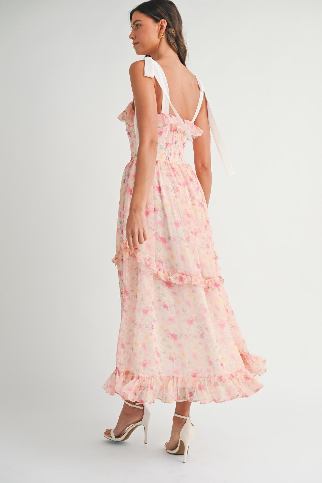 Pink Floral Printed Shoulder Strap Midi Dress