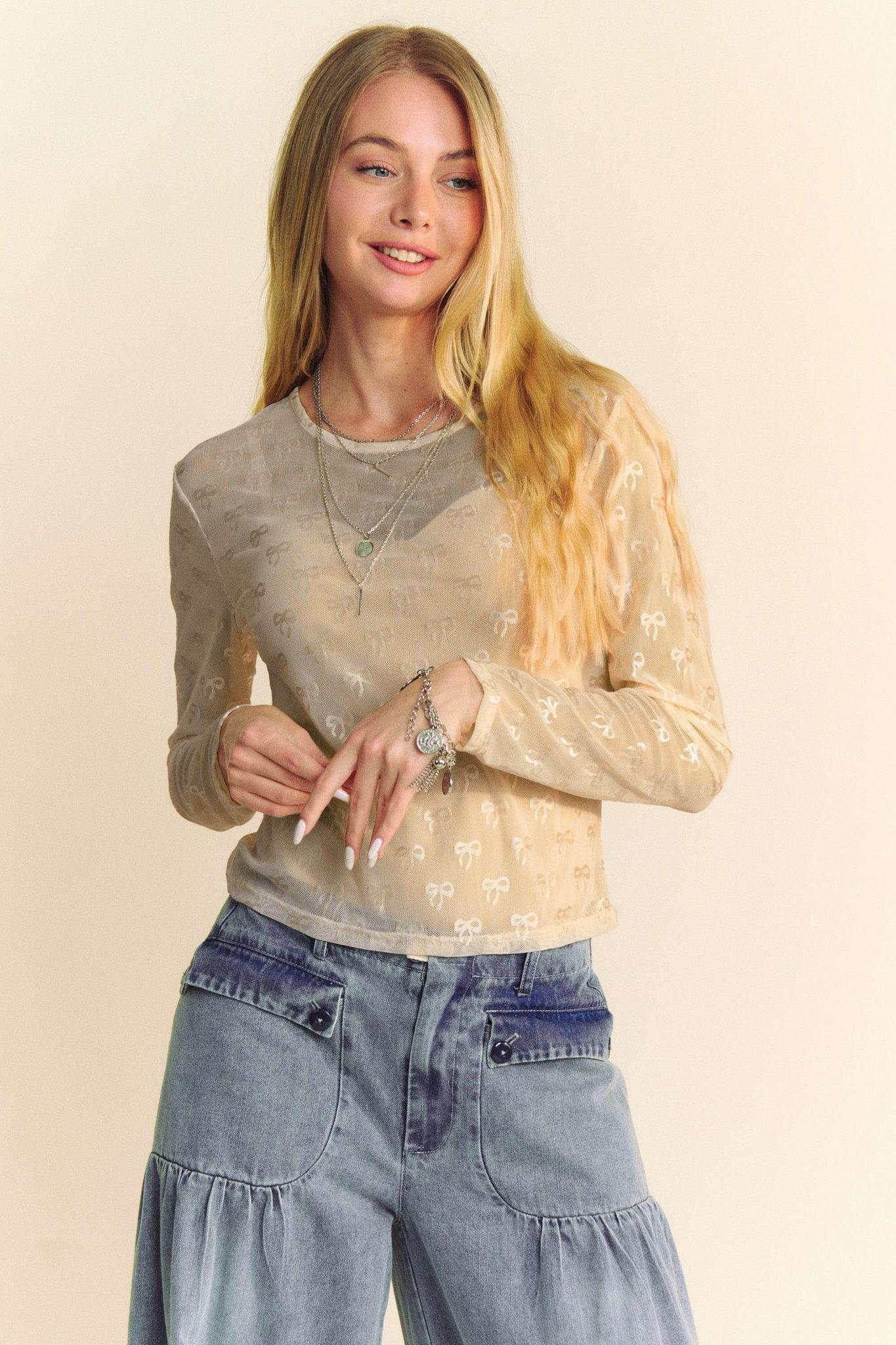 Ribbon Embroidered Long Sleeve Mesh Top