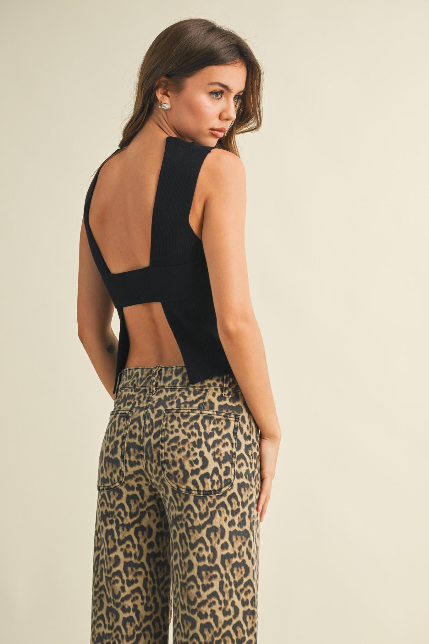 Black Sleeveless Knit Open Back Top