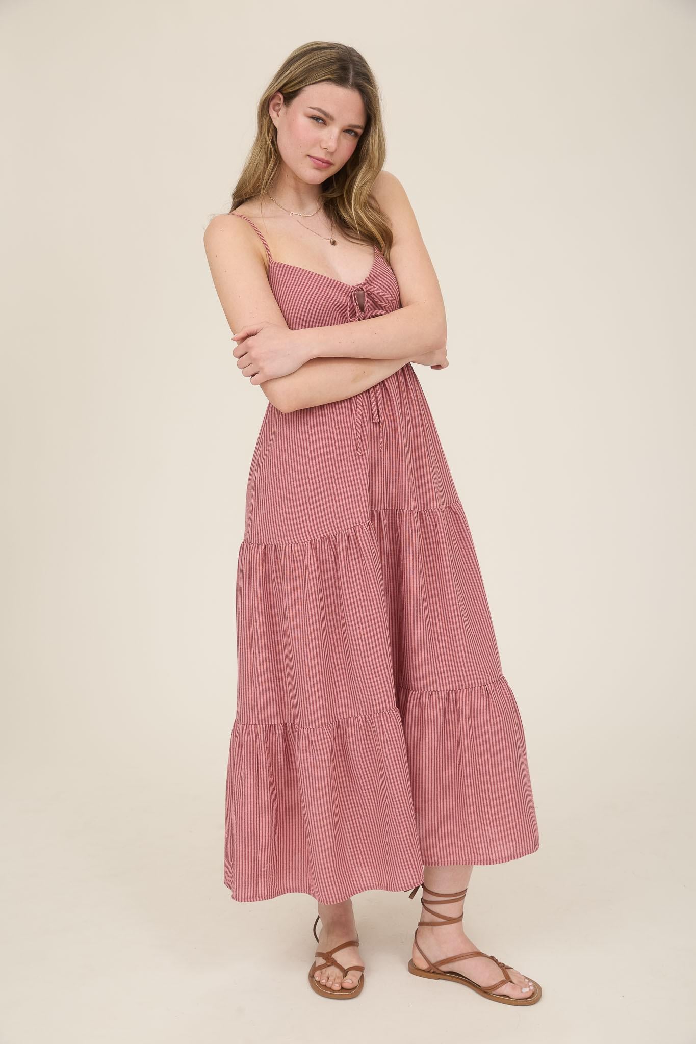 Striped Front Tie Tiered Midi Sundress