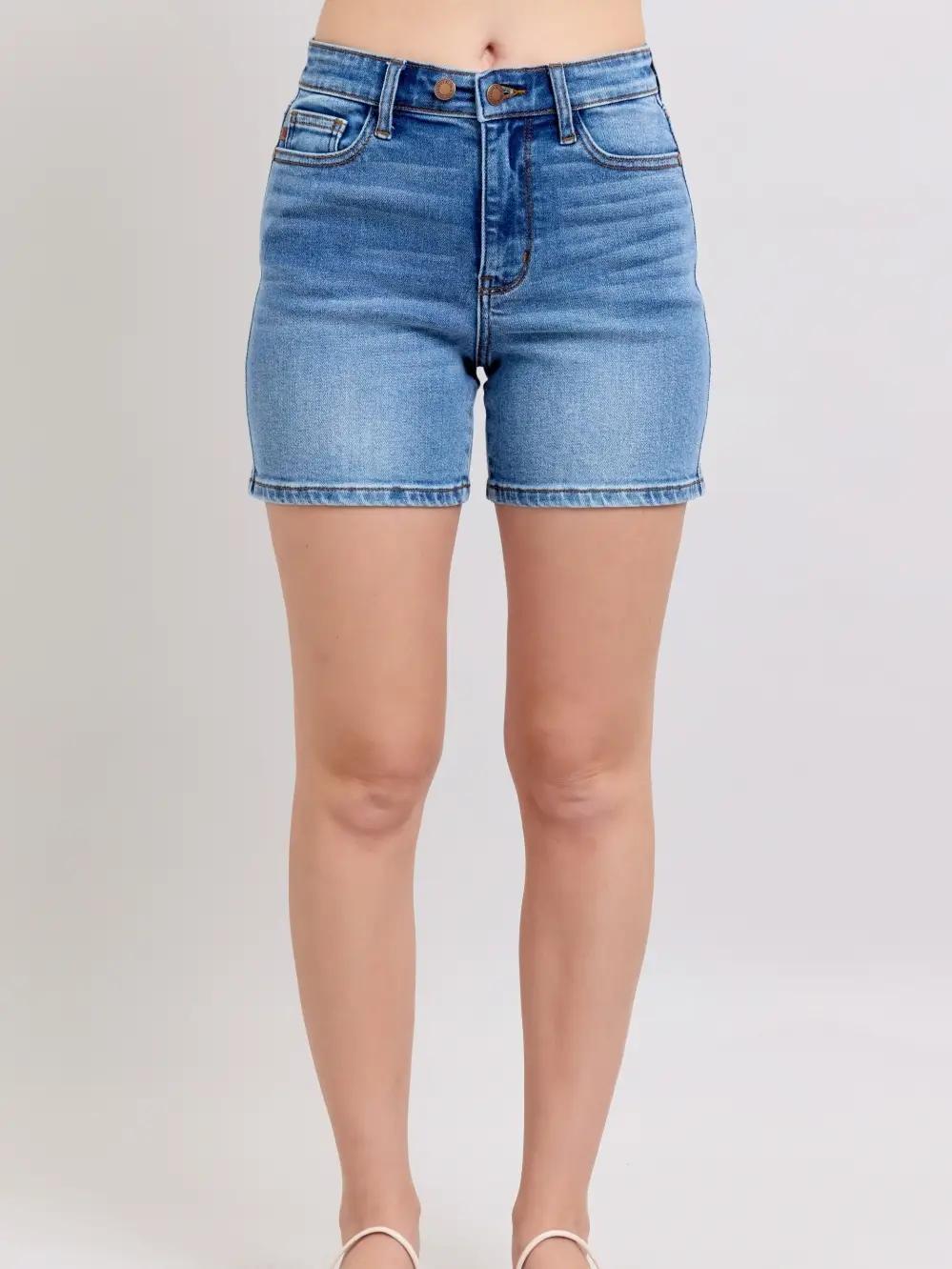 Judy Blue HW 2 Button Mid Length Dad Shorts
