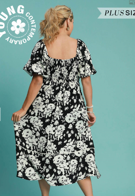 Plus Black Floral Print Midi Dress