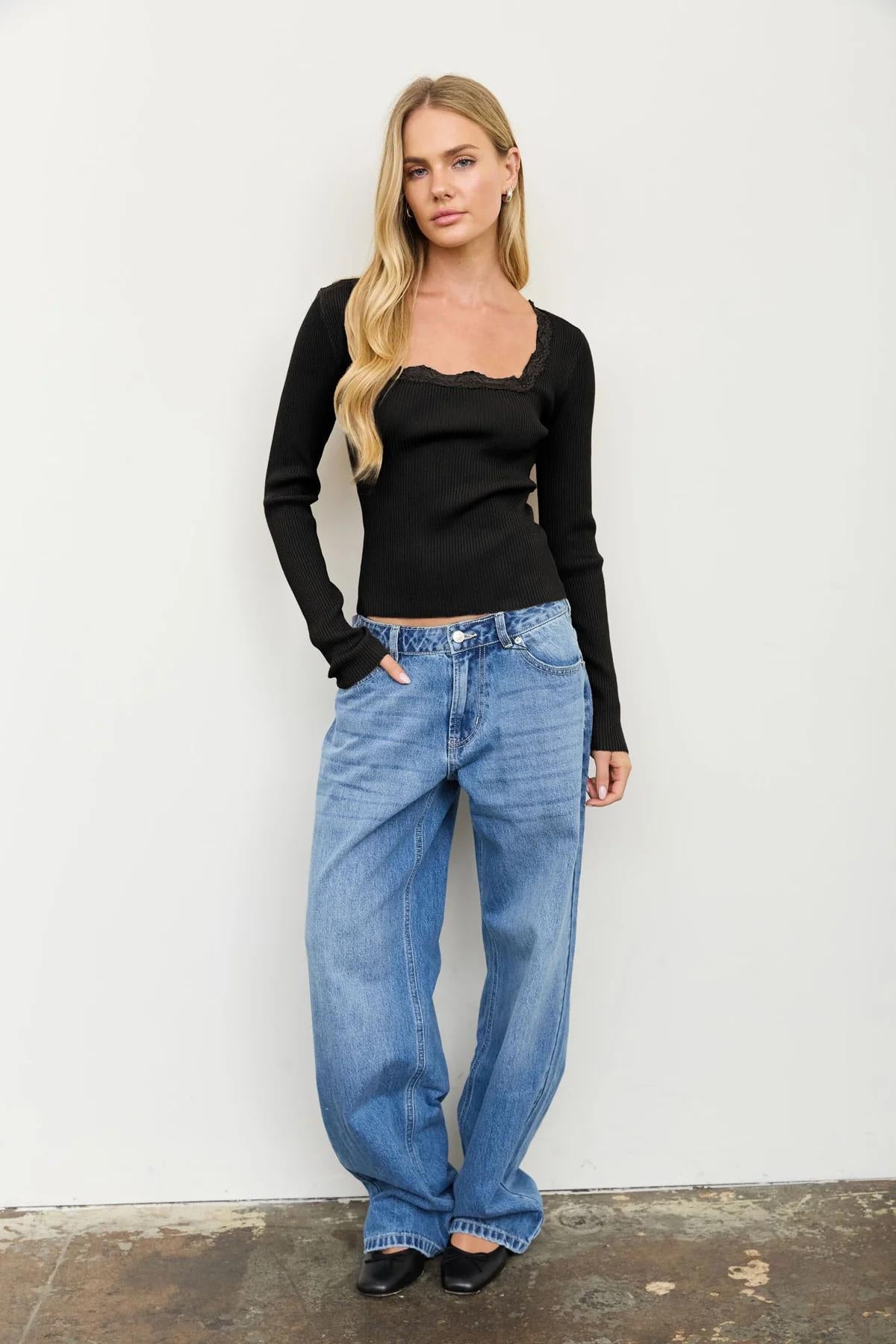 BLACK SQUARE NECK LACE TRIM RIBBED SWEATER KNIT TOP