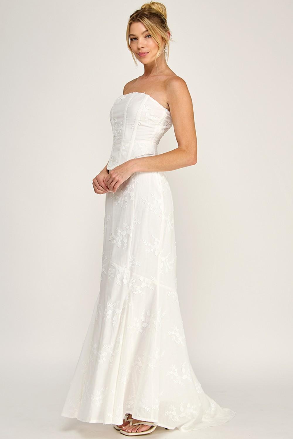 IVORY EYELET STRAPLESS CORSET LACE- UP MAXI DRESS