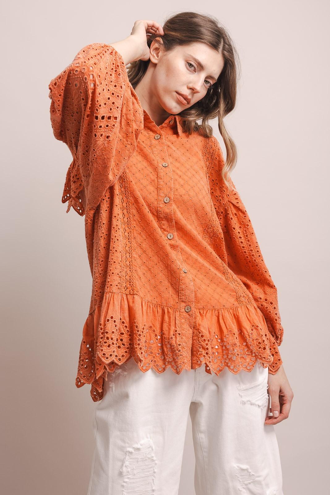 Coral 3/4 Sleeve Balloon Sleeve Eyelet Ruffle Blouse