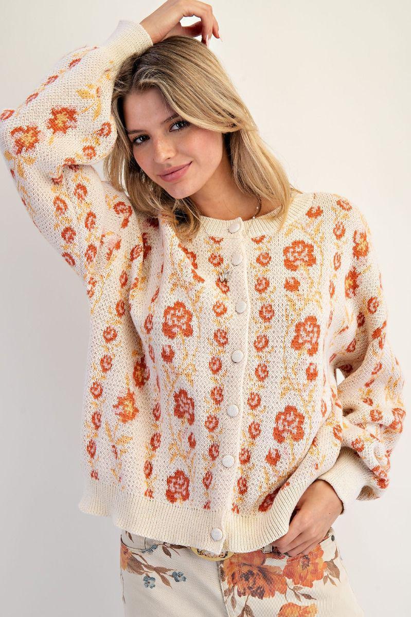 FLORAL PATTERN KNITTED SWEATER CARDIGAN