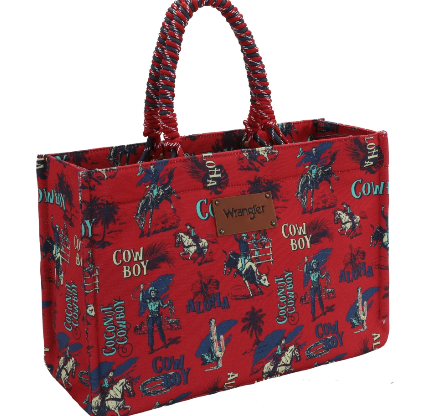 COWBOY Dual Sided Print Canvas Wide Tote - Red