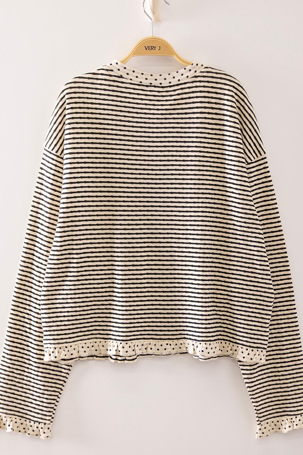 Polka Dot Trim Stripe Button-up Cardigan - Cream/Black