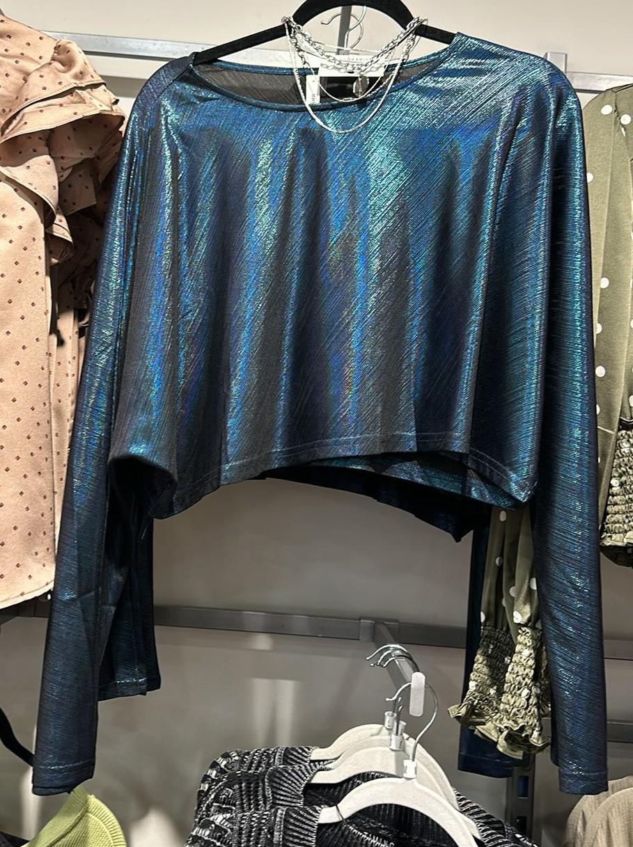 Navy Shimmer LS Crop Top