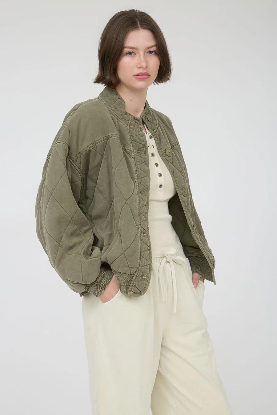 Olive Washed Quilted Button-Down Jacket