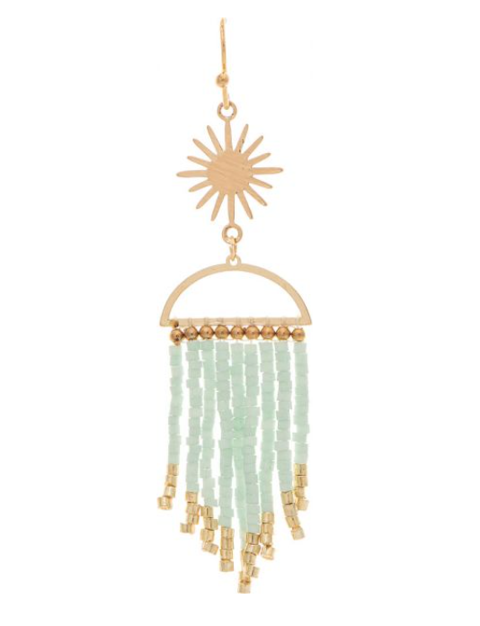 Gold Sun Mint Green Bead Fringe Earring