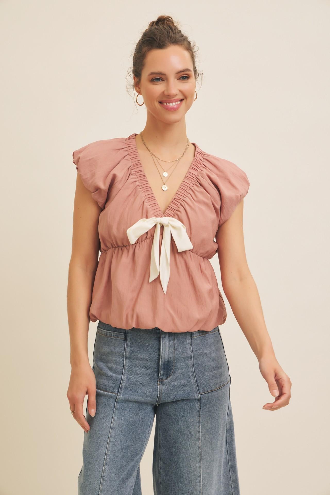 Mauve Bubble V-neck Blouse Top With Front Bow