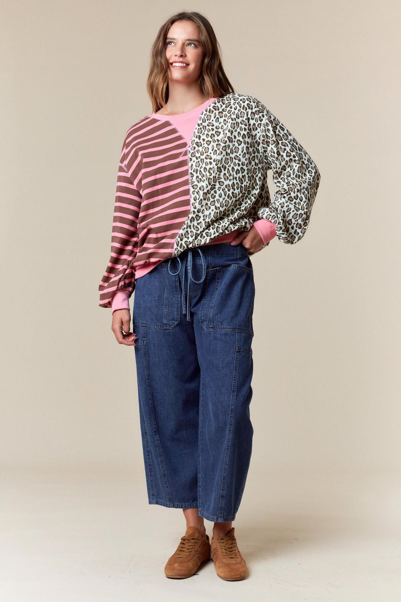 Half&half Color Block Stripe & Leopard Sweatshirt