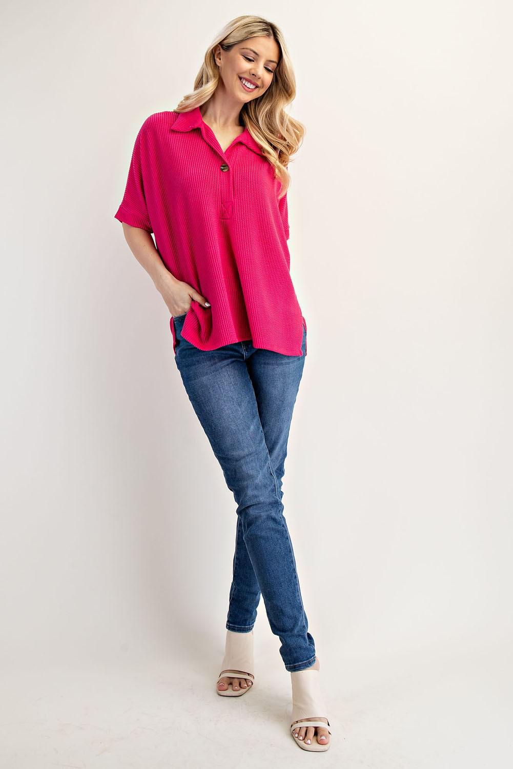 Fuchsia Rib Knit Collared Top