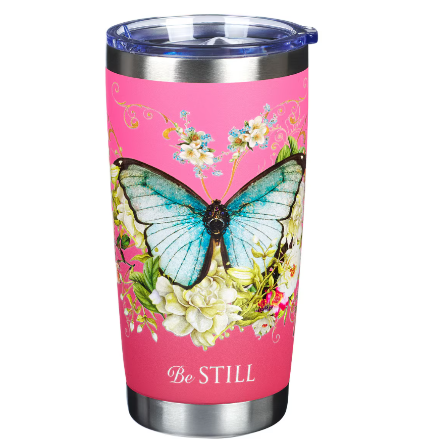 Pink Be Still Butterfly Stainless Steel Travel Tumbler - Psalm 46:10