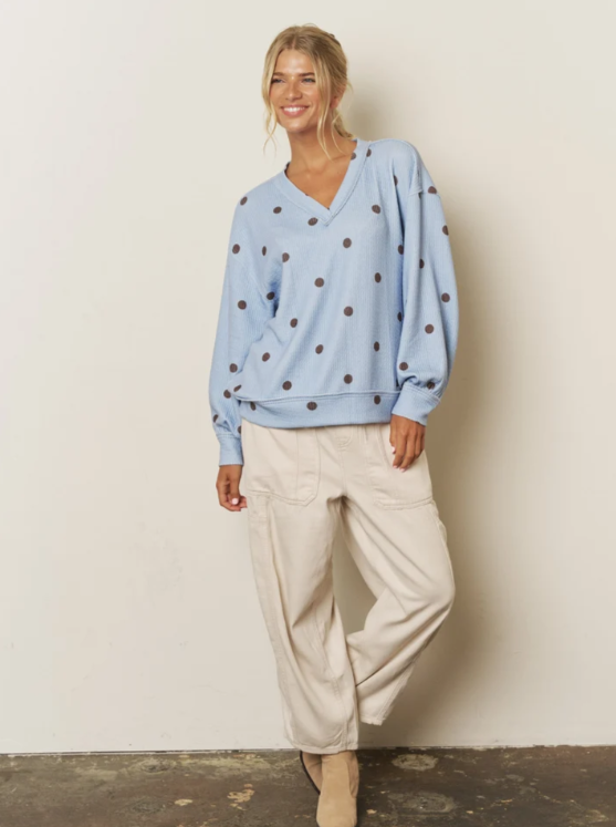 LIGHT BLUE - POLKA DOT LONG SLEEVE TEXTURED KNIT TOP