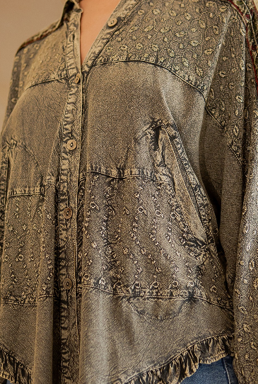 Gravel Bohemian Stonewashed Rayon Bat Sleeves Top