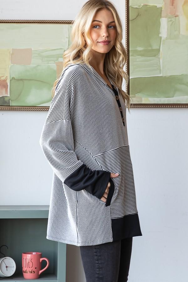 Long Sleeve Stripe Solid Contrast Hoodie