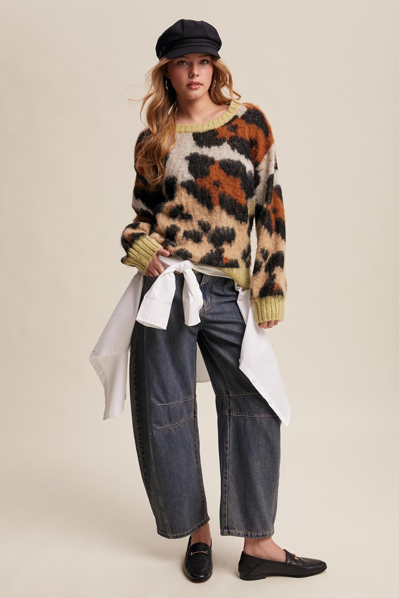 Fuzzy Abstract Leopard Knit Pullover Sweater