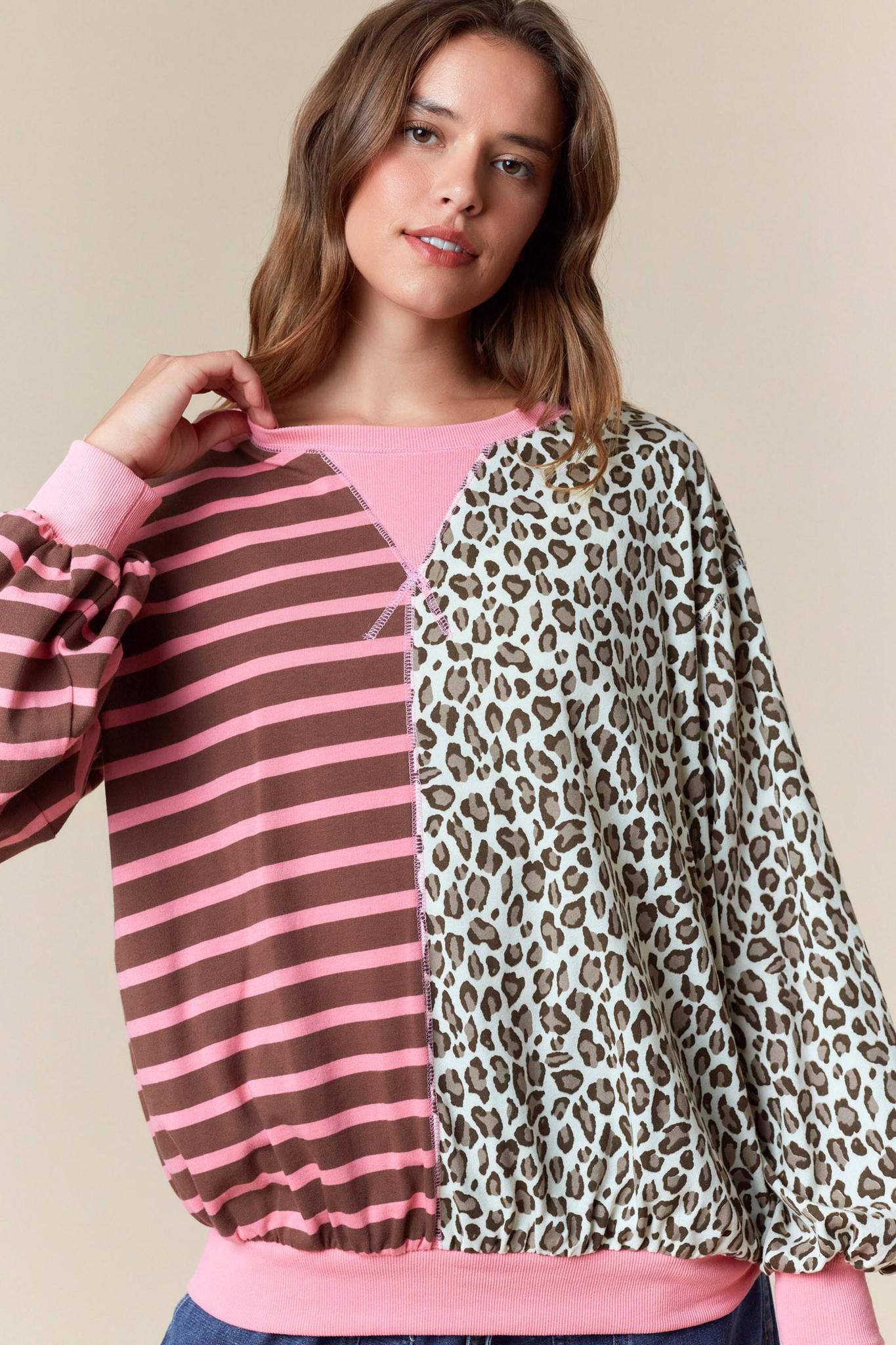 Half&half Color Block Stripe & Leopard Sweatshirt