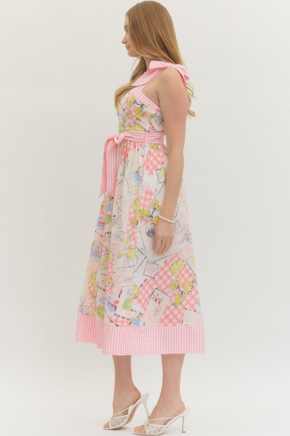 Pink Print Waist Bow Midi Dress