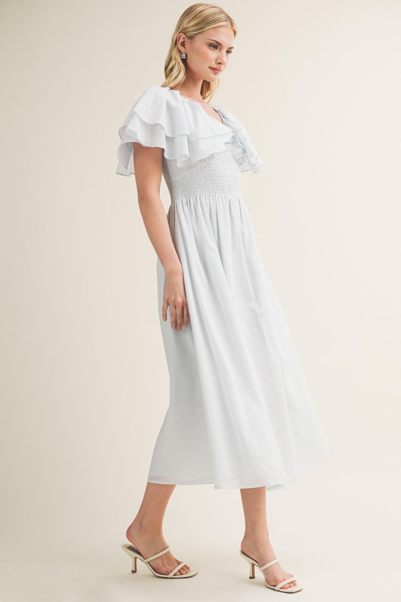 Mist Blue V-neck Ruffle-sleeve Midi Dress